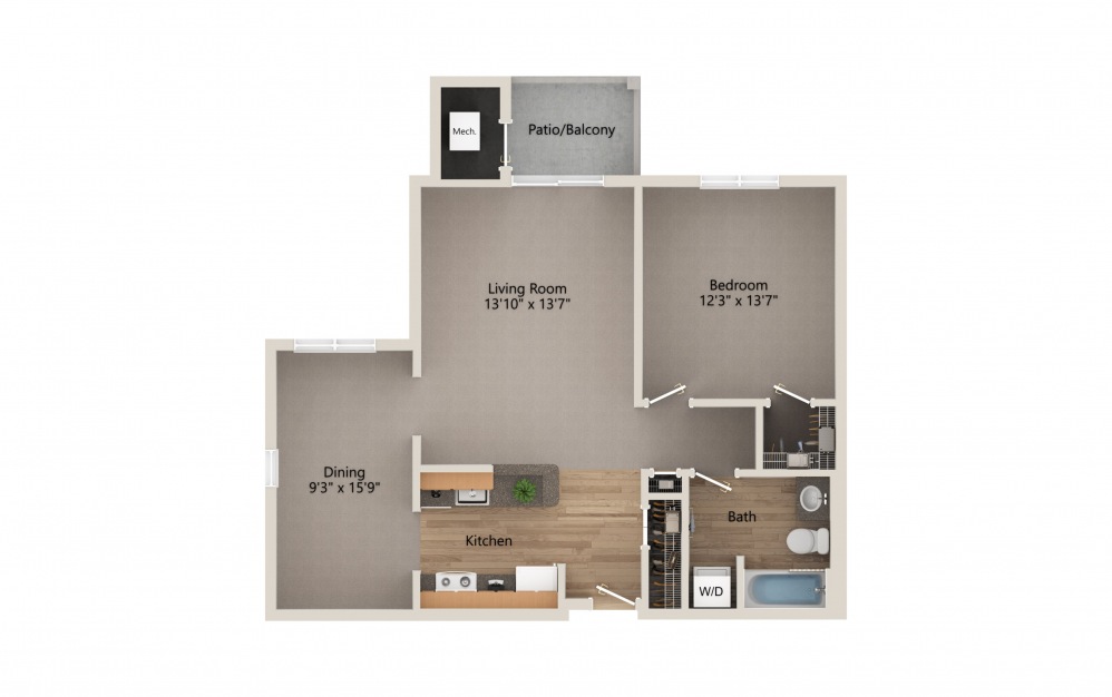 Classic 1B/1B + Bonus Room - 1 bedroom floorplan layout with 1 bath and 765 square feet.