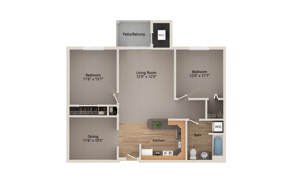 Classic 2B/1B + Bonus Room - 2 bedroom floorplan layout with 1 bath and 965 square feet.