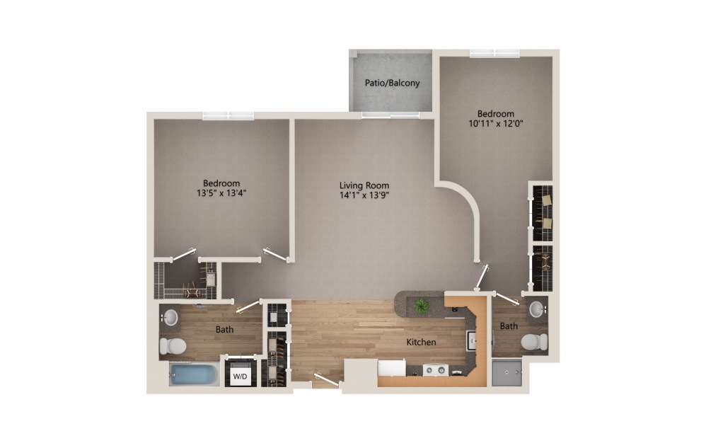 Classic 2B/2B - 2 bedroom floorplan layout with 2 baths and 1005 square feet.