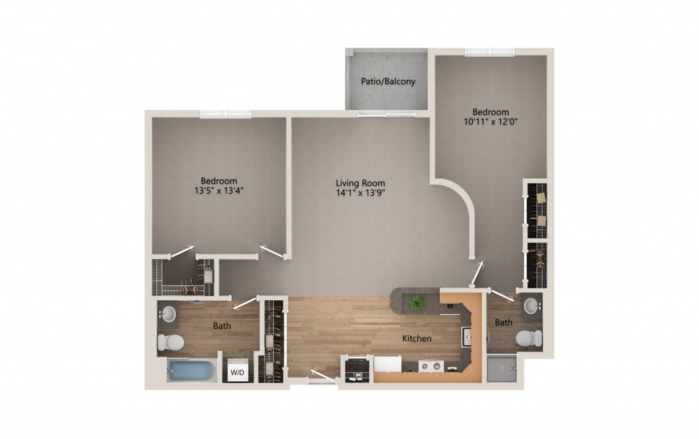 Classic 2B/2B Large Corner - 2 bedroom floorplan layout with 2 baths and 1050 square feet.