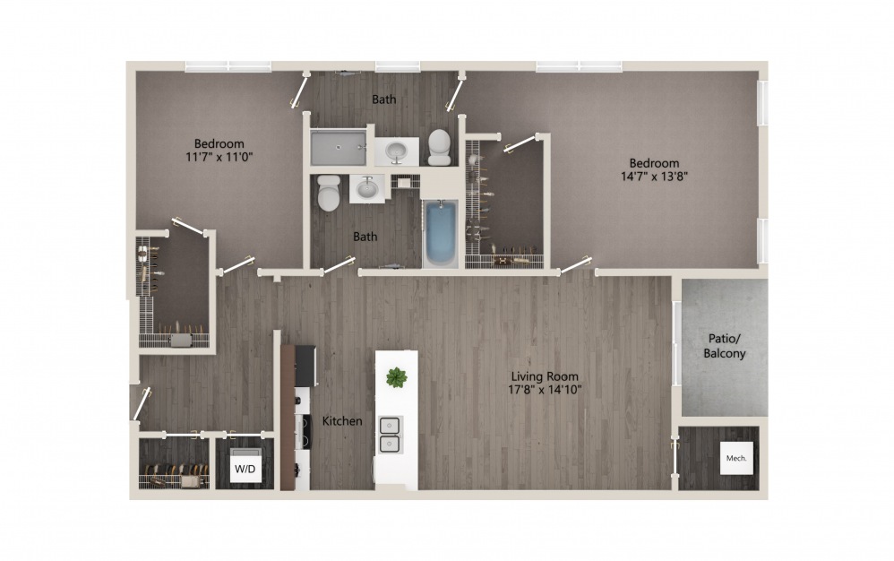 Premium 2B/2B Corner Large - 2 bedroom floorplan layout with 2 baths and 1095 square feet.