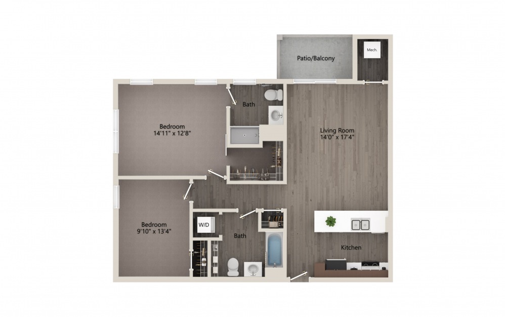 Premium 2B/2B Corner - 2 bedroom floorplan layout with 2 baths and 1065 square feet.